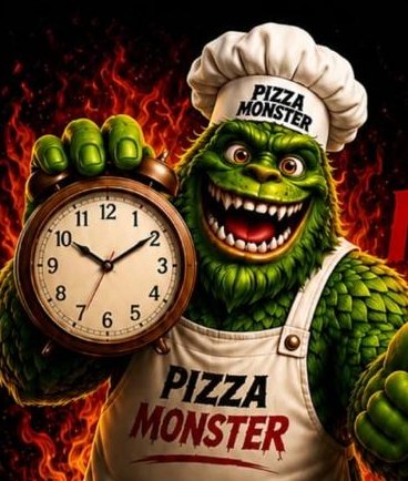 Das Pizza-Monster-Maskottchen mit einem Wecker in der Hand