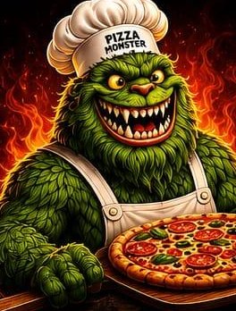 Das Pizza-Monster-Maskottchen mit Kochmütze und Pizza